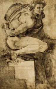 Studie mužského aktu s pokrčenou nohou, kresba Michelangelo. Kabinet kreseb a tisků, Uffizi, Florencie